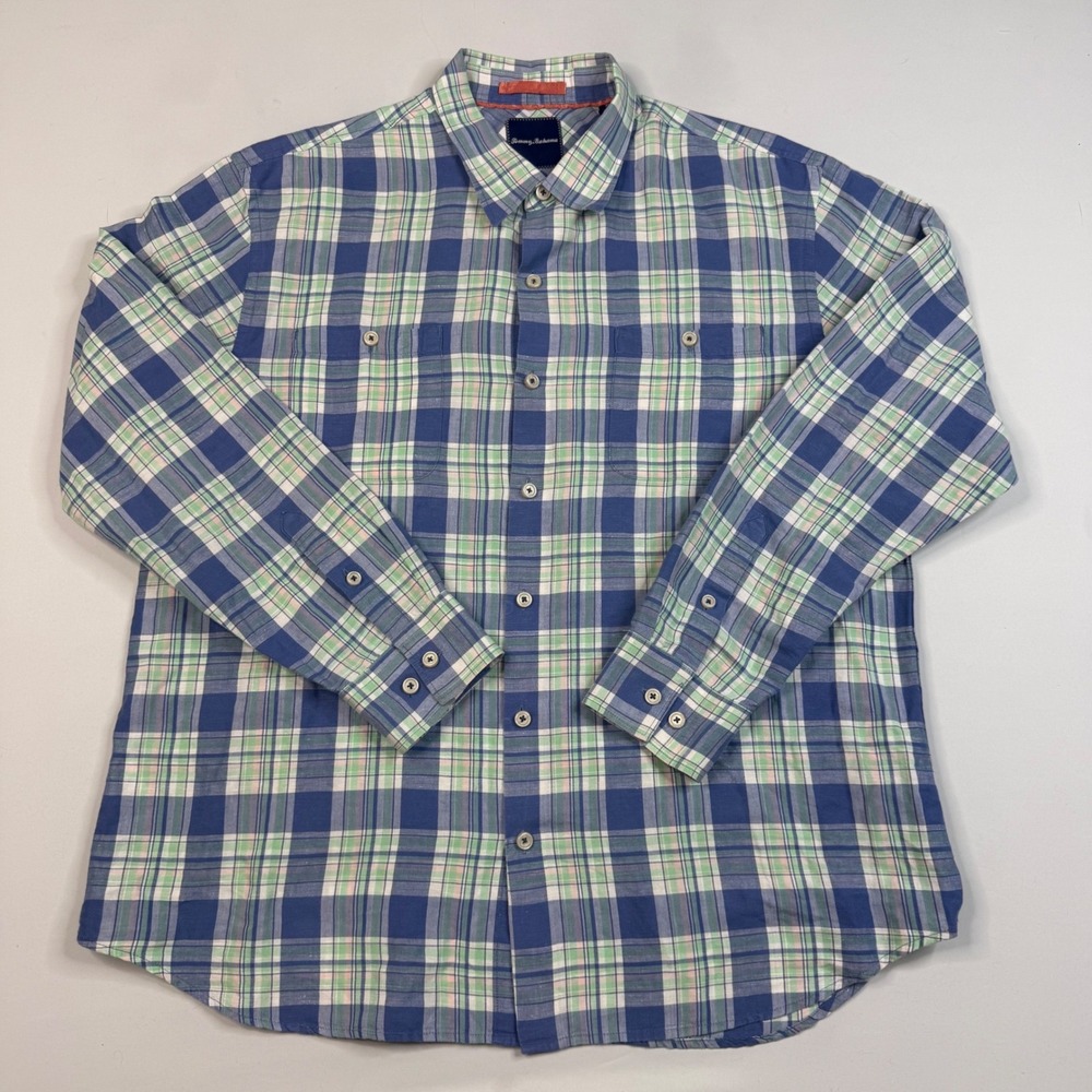 Tommy Bahama Button Up Shirt Mens XL Blue Green Plaid Linen Cotton Long Sleeve - Picture 2 of 9